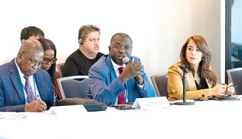 Dr Mohammed Amin Adam (middle), Minister of Finance, addressing the roundtable. With him are Albert M. Muchanga (left), AU Commissioner for Trade and Industry, and Dr Hanan Morsy (right), Director, AfDB Dr Mohammed Amin Adam (middle), Minister of Finance, addressing the roundtable. With him are Albert M. Muchanga (left), AU Commissioner for Trade and Industry, and Dr Hanan Morsy (right), Director, AfDB