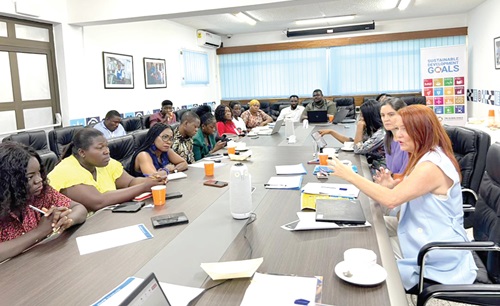 Pauliina Sarvilahti (right), Chief of Social Policy and Inclusion of UNICEF Ghana office, addressing the media