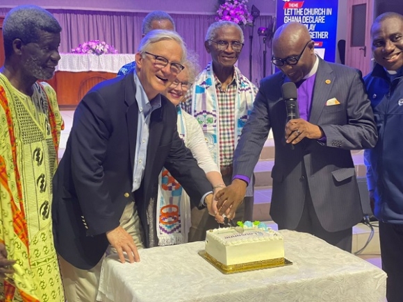 Cutting the anniversary cake : Most.Rev. Prof. J. Asamoah-Gyadu, Apostle Jude Hama, Rev. Dr. Doug Birdsall and wife, and Rev. Gottfried Osei-Mensah