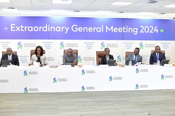 Mansa Nettey (3rd right), MD, Standard Chartered Bank Ghana and board members of the bank the during the virtual Extraordinary General Meeting (EGM) Stanchart to pay dividend to preference share holders