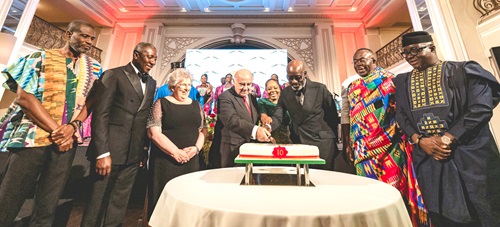 Dr George Vella (4th from left), former President of Malta, assisting Nana Bediatuo Asante (3rd from right), to cut the anniversary cake. With them are Alexander Afenyo-Markin (2nd from left), Majority Leader in Parliament; Stephen Asamoah-Boateng (2nd from right), Minister of Chieftaincy and Religious Affairs; Mark Okraku-Mantey (left), Deputy Minister of Tourism, Arts and Culture; Michael Oquaye Jr (right), CEO, Ghana Free Zones Authority; Miriam Vella (3rd from left), wife of Dr George Vella, and Barbara Benisa, Ghana’s High Commissioner to Malta (4th from right)