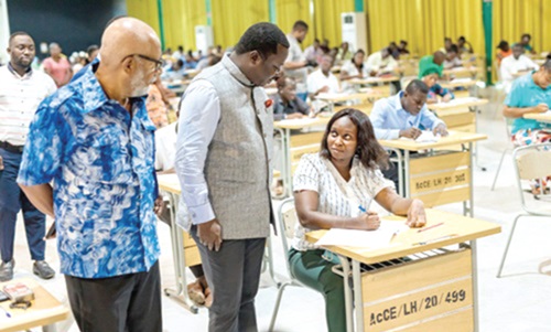 Rev. John Ntim Fordjour (2nd from left), a Deputy Minister of Education, accompanied by Anis Haffar (left), Chairman of the National Teaching Council, during the 2024 Ghana Teacher Licensure Examination at the Accra College of Education Rev. John Ntim Fordjour (2nd from left), a Deputy Minister of Education, accompanied by Anis Haffar (left), Chairman of the National Teaching Council, during the 2024 Ghana Teacher Licensure Examination at the Accra College of Education