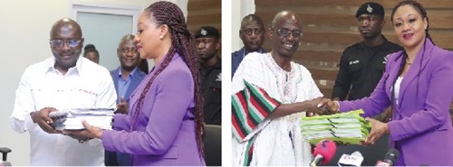 The Vice-president, Dr Mahamudu Bawumia (left), presenting his nomination forms to Jean Mensa, Electoral Commissioner, at the Electoral Commission in Accra. Picture: SAMUEL TEI ADANO, Johnson Asiedu Nketia (left), National Chairman of the NDC, presenting the documents to Jean Mensa, Chairperson, Electoral Commission. Picture: ELVIS NII NOI DOWUONA The Vice-president, Dr Mahamudu Bawumia (left), presenting his nomination forms to Jean Mensa, Electoral Commissioner, at the Electoral Commission in Accra. Picture: SAMUEL TEI ADANO, Johnson Asiedu Nketia (left), National Chairman of the NDC, presenting the documents to Jean Mensa, Chairperson, Electoral Commission. Picture: ELVIS NII NOI DOWUONA