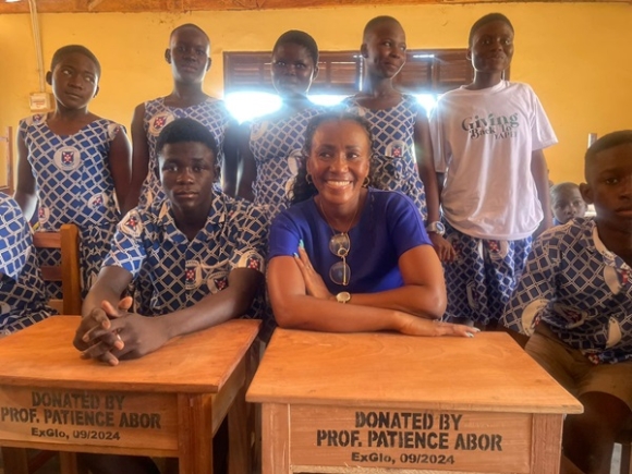 Prof Patience Abor donates 50 mono desks to Presby JHS
