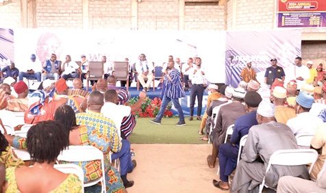 Dr Mahamudu Bawumia (arrowed), NPP flag bearer, addressing the people in the Kpone-Katamanso Constituency