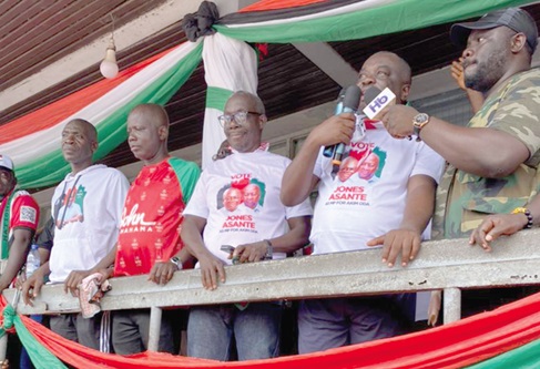 Richard Etornam Nyarko (2nd from right), the Eastern Regional Youth Organiser of the NDC, addressing the rally at Akyem Oda Richard Etornam Nyarko (2nd from right), the Eastern Regional Youth Organiser of the NDC, addressing the rally at Akyem Oda