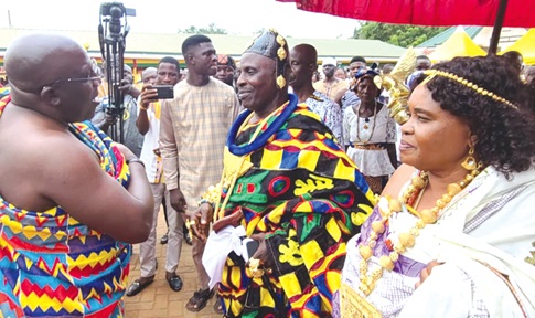 Seth Acheampong (left), Eastern Regional Minister interacting with Nene Dr Teidjahene Korabo IV (2nd from right), Senior Asafoatse of the Shai State, during the Manya Jorpanya festival. With them is Nana Ayerko Blemayo II (right), Queenmother Seth Acheampong (left), Eastern Regional Minister interacting with Nene Dr Teidjahene Korabo IV (2nd from right), Senior Asafoatse of the Shai State, during the Manya Jorpanya festival. With them is Nana Ayerko Blemayo II (right), Queenmother