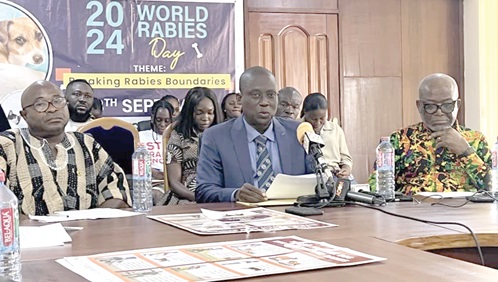 Dr Emmanuel Allegye-Cudjoe (middle), Chief Veterinary Officer, addressing the media. With him are Dr Mickey Aryee (right), Registrar, Veterinary Council of Ghana, and Dr Joseph Kofi Abuh (left), President, Ghana Veterinary Medical Association Dr Emmanuel Allegye-Cudjoe (middle), Chief Veterinary Officer, addressing the media. With him are Dr Mickey Aryee (right), Registrar, Veterinary Council of Ghana, and Dr Joseph Kofi Abuh (left), President, Ghana Veterinary Medical Association