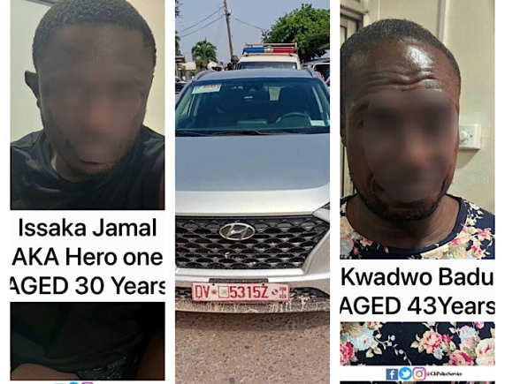 The stolen Hyundai Tucson (centre) and the two suspects after their arrest by the police.