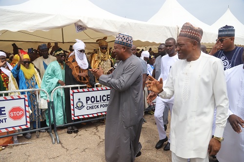 President John Mahama (2nd from right) being accompanied by Rashid Pelpuo (right), Minister of Labour, Jobs and Employment, to exchange pleasantries with some of the guests to mark the 2025 Eid-ul-Fitr at the Black Star Square in Accra. Picture: SAMUEL TEI ADANO