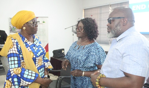 Hajia Katumi Natogmah Attah (left), Greater Accra/Savannah Regional Director, Ghana Education Service, having a discussion with Dorothy Konadu (middle), Board Member, Eduwatch, and Kofi Asare (right), Executive Director, Eduwatch, during the review of the implementation of basic education policy targets.  Picture: ESTHER ADJORKOR ADJEI 