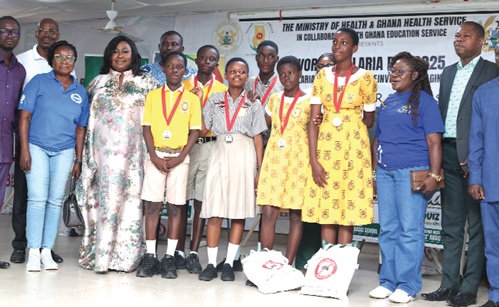 Gifty Anti (2nd from left), chairperson for the occasion, with Theresa Oppong Mensah (2nd from right), School Health Education Progamme Coordinator, contestants in the quiz and sponsors of the programme after the competition. Picture: BENEDICT OBUOBI Gifty Anti (2nd from left), chairperson for the occasion, with Theresa Oppong Mensah (2nd from right), School Health Education Progamme Coordinator, contestants in the quiz and sponsors of the programme after the competition. Picture: BENEDICT OBUOBI