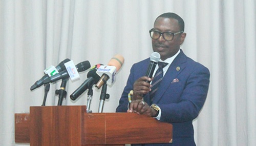 A section of participants seated in the lecture. INSET: Dr Ishmael Nii Amanor Dodoo, Head of Innovative Finance, Partnerships and Market, 24-hour Economy and Accelerated Export Secretariat, delivering a speech on behalf of Goosie Tanoh, Presidential Advisor on the 24-hour Economy and Accelerated Exports. Picture: ERNEST KODZI A section of participants seated in the lecture. INSET: Dr Ishmael Nii Amanor Dodoo, Head of Innovative Finance, Partnerships and Market, 24-hour Economy and Accelerated Export Secretariat, delivering a speech on behalf of Goosie Tanoh, Presidential Advisor on the 24-hour Economy and Accelerated Exports. Picture: ERNEST KODZI