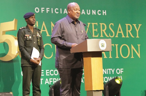 President Mahama speaking at the launch of the ECOWAS 50th Anniversary celebration President Mahama speaking at the launch of the ECOWAS 50th Anniversary celebration