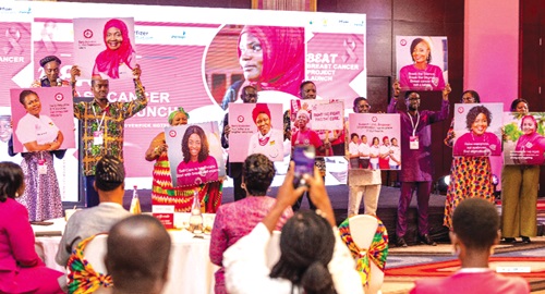Participants displaying images of breast cancer survivors at the ‘Beat Breast Cancer’ initiative