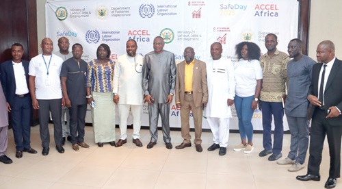 Dr Abdul-Rashid Hassan Pelpuo (middle), Minister of Labour, Jobs and Employment, with George Gashon (6th from right), acting Chief Inspector of Factories; Ernest Alaazy (3rd from left), Environment, Health, and Safety Specialist, GE Vernova; Michael Bozumbil (right), First Vice-President, Ghana Employers Association, and some dignitaries after the event. Picture: ELVIS NII NOI DOWUONA Dr Abdul-Rashid Hassan Pelpuo (middle), Minister of Labour, Jobs and Employment, with George Gashon (6th from right), acting Chief Inspector of Factories; Ernest Alaazy (3rd from left), Environment, Health, and Safety Specialist, GE Vernova; Michael Bozumbil (right), First Vice-President, Ghana Employers Association, and some dignitaries after the event. Picture: ELVIS NII NOI DOWUONA