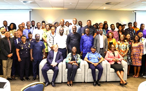 Wilhelm Hugo (left), GIZ Ghana NIED Cluster Coordinator, with Stella Ansah (2nd from left), Director of Regional and Bilateral Trade Directorate of MoTAl, Fechin Akoto, Deputy Commissioner of Head Suspense Regimes, Customs Division, and some officials after the event. Picture: CALEB VANDERPUYE Wilhelm Hugo (left), GIZ Ghana NIED Cluster Coordinator, with Stella Ansah (2nd from left), Director of Regional and Bilateral Trade Directorate of MoTAl, Fechin Akoto, Deputy Commissioner of Head Suspense Regimes, Customs Division, and some officials after the event. Picture: CALEB VANDERPUYE