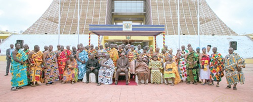President John Mahama (seated middle) with Emmanuel Armah-Kofi Buah (seated 2nd from left), Minister of Lands and Natural Resources; Nana Kobina Nketiah V, President, Western Regional House of Chiefs, and other members of the House