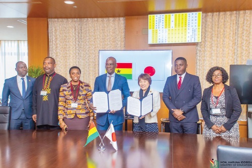 Haruna Iddrisu (4th from right), Ghana’s education Minister, and A.B.E. Toshiko (3rd from right), Japan's Ministry of Education, Culture, Sports, Science and Technology, displaying the signed documents with other members of the Ghanaian delegation Haruna Iddrisu (4th from right), Ghana’s education Minister, and A.B.E. Toshiko (3rd from right), Japan's Ministry of Education, Culture, Sports, Science and Technology, displaying the signed documents with other members of the Ghanaian delegation