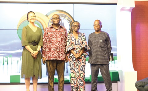 Prof. Akua Britwum (2nd from right), NMC Board Chairman, with Yaw Boadu-Ayeboafo (right), immediate past chairman, NMC; Dr Victoria Smith (left), Senior Lecturer, Bath Spa University, UK, and Prof. Amin Alhassan (2nd from left), Director-General, Ghana Broadcasting Corporation. Picture: BENEDICT OBUOBI