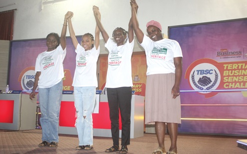 From left: Priscilla Frimpong, Eliezer Sackey, Gloria Akoto and Rose Carl Larbi, all from Heritage Christian University, defeated SD Dombo University of Business and Integrated Development Studies with a score of 43 to 32. Picture: ESTHER ADJORKOR ADJEI From left: Priscilla Frimpong, Eliezer Sackey, Gloria Akoto and Rose Carl Larbi, all from Heritage Christian University, defeated SD Dombo University of Business and Integrated Development Studies with a score of 43 to 32. Picture: ESTHER ADJORKOR ADJEI