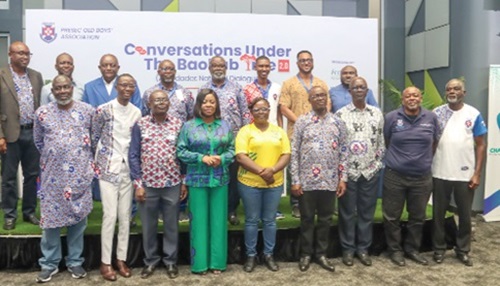 James Boateng (4th from right), 2018 National Best Farmer, with Prof. Felix Ankomah Asante (3rd from left), Pro-Vice-Chancellor for Research, Innovation and Development, University of Ghana; Dr Henry Anim Somuah (right), Director of Operations, Agromite Limited; Patricia Obo-Nai (4th from left), Chief Executive Officer, Telecel Ghana, and some dignitaries after the forum. Picture: ELVIS NII NOI DOWUONA James Boateng (4th from right), 2018 National Best Farmer, with Prof. Felix Ankomah Asante (3rd from left), Pro-Vice-Chancellor for Research, Innovation and Development, University of Ghana; Dr Henry Anim Somuah (right), Director of Operations, Agromite Limited; Patricia Obo-Nai (4th from left), Chief Executive Officer, Telecel Ghana, and some dignitaries after the forum. Picture: ELVIS NII NOI DOWUONA