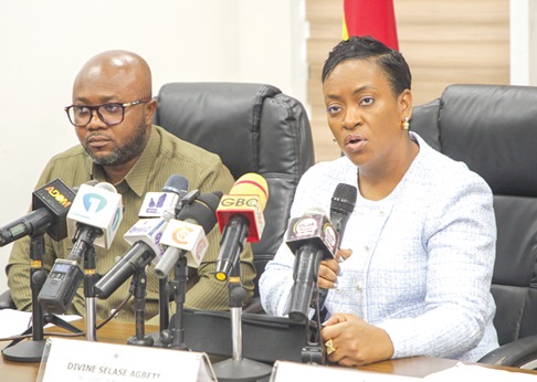 COP Lydia Yaako Donkor, Director-General of the Criminal Investigations Department of Police, addressing the media during the briefing as Divine Selase Agbeti (left), Director-General of the Cyber Security Authority, looks on during the briefing. Picture: CALEB VANDERPUYE COP Lydia Yaako Donkor, Director-General of the Criminal Investigations Department of Police, addressing the media during the briefing as Divine Selase Agbeti (left), Director-General of the Cyber Security Authority, looks on during the briefing. Picture: CALEB VANDERPUYE