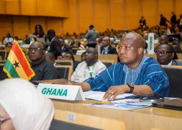 Samuel Okudzeto Ablakwa, Foreign Affairs Minister seated during the 48th Ordinary Session of the Executive Council of Ministers of Foreign Affairs at AU Headquarters in Addis Ababa, Ethiopia. 