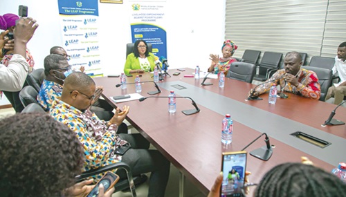 Dr Agnes Naa Momo Lartey (head of table), Minister for Gender, Children and Social Protection,  addressing the media