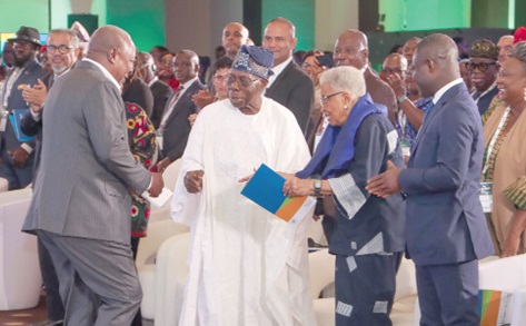 Olusegun Obasanjo (2nd from left), former President of Nigeria, and Ellen Johnson Sirleaf (2nd from right), former President of Liberia, congratulating President John Dramani Mahama (left) on the summit in Accra. Looking on is Kwabena Mintah Akandoh (right), Minister of Health. Picture: ELVIS NII NOI DOWUONA Olusegun Obasanjo (2nd from left), former President of Nigeria, and Ellen Johnson Sirleaf (2nd from right), former President of Liberia, congratulating President John Dramani Mahama (left) on the summit in Accra. Looking on is Kwabena Mintah Akandoh (right), Minister of Health. Picture: ELVIS NII NOI DOWUONA