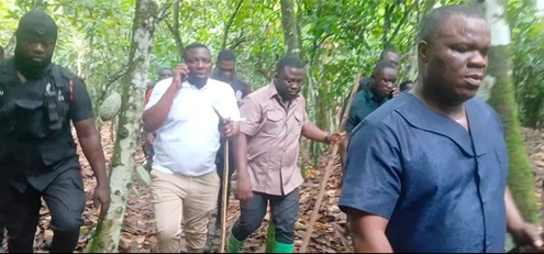 Dr Frank Amoakohene (arrowed), Ashanti Regional Minister, and his team on their way to the accident scene at the Sikam forest at Brofoyedu in the Adansi Akrofuom District in the Ashanti Region