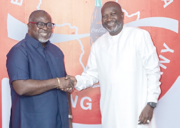 • Felix Gomis (left), MD of Coca-Cola Bottling Company of Ghana, welcoming Anthony Kwasi Sarpong, GRA Commissioner-General, to the company GRA Commissioner-General tours Coca-Cola Bottling Company