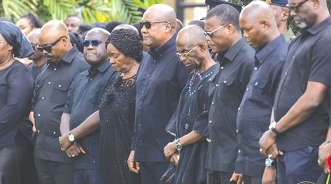President John Mahama (middle) with Vice-President Prof. Naana Jane Opoku-Agyemang (4th from left), top government officials, and NDC national executives in a solemn mood during the flower-laying ceremony President John Mahama (middle) with Vice-President Prof. Naana Jane Opoku-Agyemang (4th from left), top government officials, and NDC national executives in a solemn mood during the flower-laying ceremony