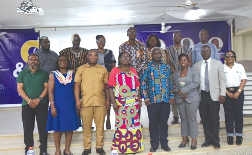 Prof. Felix Kutsanedzie (3rd from left), Pro Vice Chancellor, ATU, Dr Monica Obeng-Koranteng (4th from left), Lecturer, Methodist University, Seth Allotey (4th from right), Dean of Students, ATU, and other officials after the career and job fair