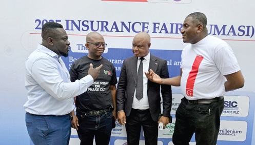 Franklin Sowa (right), Director of Marketing and Sales, Graphic Communications Group Ltd, interacting with Dr Kingsley Kwesi Kwabahson, CEO, GIA, while Benjamin Tsatsu Korsinah (left), Zonal Business Manager (Ash/BA/Northern regions), GCGL, and Faruk Dramani, Ashanti Regional Manager, NIC, look on Franklin Sowa (right), Director of Marketing and Sales, Graphic Communications Group Ltd, interacting with Dr Kingsley Kwesi Kwabahson, CEO, GIA, while Benjamin Tsatsu Korsinah (left), Zonal Business Manager (Ash/BA/Northern regions), GCGL, and Faruk Dramani, Ashanti Regional Manager, NIC, look on