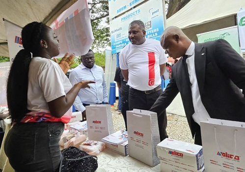 Josephine Nsiah (left), a representative of Glicolife Insurance, exposing Franklin Sowa (middle), Director, Marketing and Sales, GCGL, to their products, during an insurance fair in Kumasi. Those looking on include Dr Kingsley Kwesi Kwabahson (right), Chief Executive Officer, GIA, and Faruk Dramani, Ashanti Regional Manager, NIC. Pictures : EMMANUEL BAAH