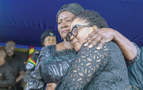 Vice-President Prof. Naana Jane Opoku-Agyemang (left) consoling Lordina Mahama, the First Lady