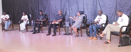 Nana Akua Anyidoho (3rd from right), Associate Professor, ISSER, in a panel discussion with Kwadwo Appiagyei-Atua (2nd from right), Associate Professor, UG School of Law; Prof. Raymond Atuguba (right), Immediate Past Dean, UG School of Law; Ann Aseye Donya (2nd from left), student, and Abdul Karim Ibrahim (3rd from left), Researcher. Moderating is Elsea Eyram Ekubea (left),  student. Picture: ERNEST KODZI 