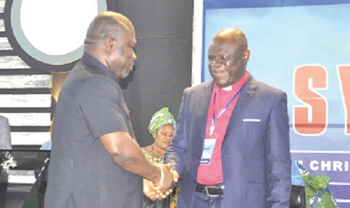 James Gunu (left), Volta Regional Minister, being welcomed to the synod by Rt Rev. Prosper Dzomeku, Moderator of GEC James Gunu (left), Volta Regional Minister, being welcomed to the synod by Rt Rev. Prosper Dzomeku, Moderator of GEC