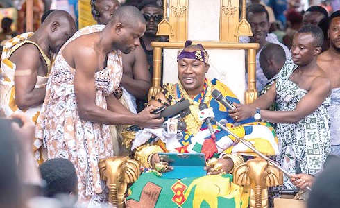 Ohempon Dr Yeboah Asiamah, Paramount Chief of Atebubu Traditional Area, delivering his address as chairman of the Meko Bono 2025 Grand Durbar
