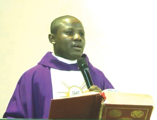A section of participants listening to Rev. Fr Sixtus Evans Appiah Kyeremeh (inset),  Priest in charge of St. James Seminary and Senior High School, delivering the sermon 