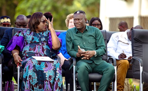 Dr Yennusom Maalug (right), Medical Director, Pantang Hospital, interacting with Nana Oye Bampoe Addo (left), Deputy Chief of Staff, at the 50th anniversary launch of Pantang Hospital.