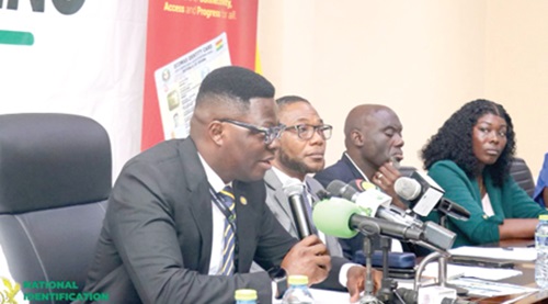 Williams Ampomah E. Darlas, the Head of Corporate Affairs Directorate, explaining a point on the ongoing exercise at a media encounter