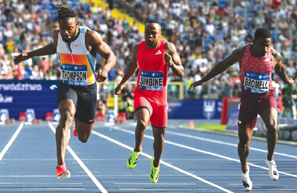 • Jamaica's Kishane Thompson (left) winning the men's 100 m race • Jamaica's Kishane Thompson (left) winning the men's 100 m race