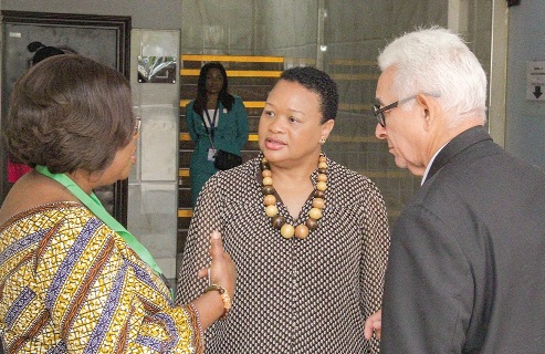 Marie-Antoinette Rose-Quatre(middle), CEO of APRM continental secretariat, in a conversation with Aly El-Efny Mohamadein (right), Chairperson of APR Panel of Eminent Persons and Panel Member in Charge of Ghana, and Perpetua Dufu (left), Coordinating Director/Multilateral and International Organisations at the Ministry of Foreign Affairs, after the event. Picture: CALEB VANDERPUYE 