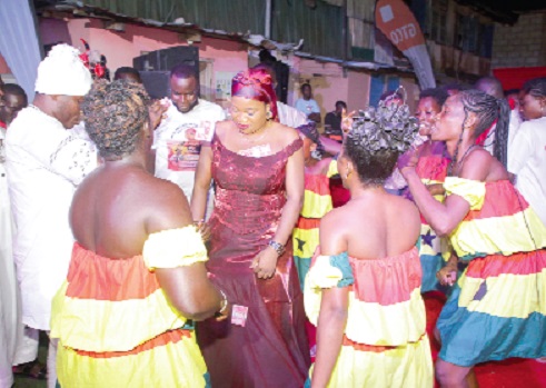 Naa Amorkor Shikafutru I (middle), Asere Amartse We Manye, with the traditional dancers dancing to the beats of the traditional drummers  Picture: CALEB VANDERPUYE 