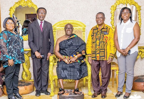 Prof. Samuel K. Afrane (2nd from left), Vice-Chancellor, CSU; Andrews K. Doku (2nd from right), Registrar, and other senior officials of the university with Akyamfour Asafo Boakye Agyemang-Bonsu (middle), Asafohene, at his palace Prof. Samuel K. Afrane (2nd from left), Vice-Chancellor, CSU; Andrews K. Doku (2nd from right), Registrar, and other senior officials of the university with Akyamfour Asafo Boakye Agyemang-Bonsu (middle), Asafohene, at his palace
