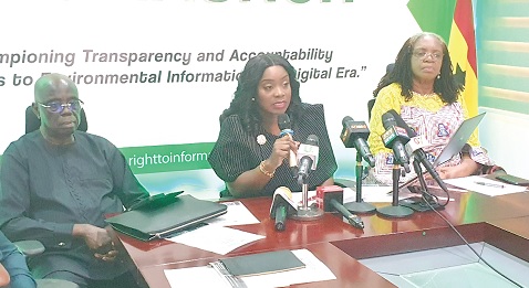 Genevieve Shirley Lartey (middle), Executive Secretary, RTI, addressing journalists in Accra. With her are Elizabeth Asare (right), Board Vice-Chairperson, RTI, and Nana Kwame Duah (left), Board Member, RTI. Picture: ERNEST KODZI 
