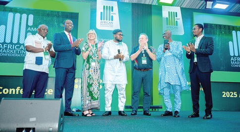 Mohammed Adams Sukparu (middle), Deputy Minister of Communications, Digital Technology and Innovations, Helen McIntee (3rd from left) President, African Marketing Confederation, David Gowu, President, Ticon Africa, Michael Abbiw, National President, Chartered Institute of Marketing, Ghana, and Richard Kafui Amanfu (right), Executive Director, Institute of ICT Professionals, Ghana, at the opening of the conference yesterday