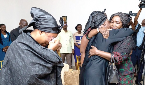 Prof. Naana Jane Opoku-Agyemang, Vice-President, consoling a family member of late Samuel Sarpong, Vice-Chair, NDC, with Hannah Sarpong (left), the widow, in tears Prof. Naana Jane Opoku-Agyemang, Vice-President, consoling a family member of late Samuel Sarpong, Vice-Chair, NDC, with Hannah Sarpong (left), the widow, in tears